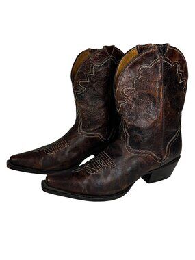 J.B. Dillon Womens Cowboy Boots Brown Leather Size 9B Snip Toe Embroidered